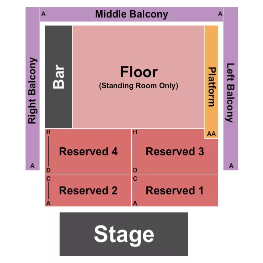 Endstage RSV/FLR Seating Chart at Varsity Theater. The chart shows the main floor/stage with seating options surrounding it, which are color coded