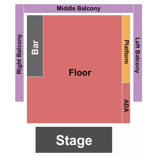 GA Floor/Platform Seating Chart at Varsity Theater. The chart shows the main floor/stage with seating options surrounding it, which are color coded