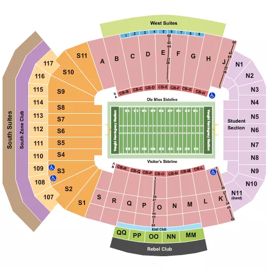 Football Seating Chart at Vaught Hemingway Stadium. The chart shows the main floor/stage with seating options surrounding it, which are color coded