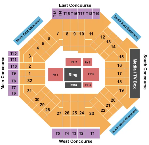 Boxing-2 Seating Chart at Carson Center Court. The chart shows the main floor/stage with seating options surrounding it, which are color coded