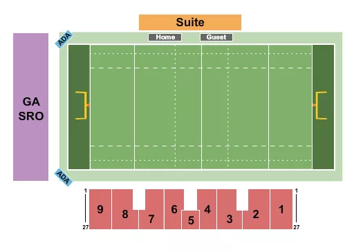 Rugby Seating Chart at Veterans Memorial Stadium. The chart shows the main floor/stage with seating options surrounding it, which are color coded