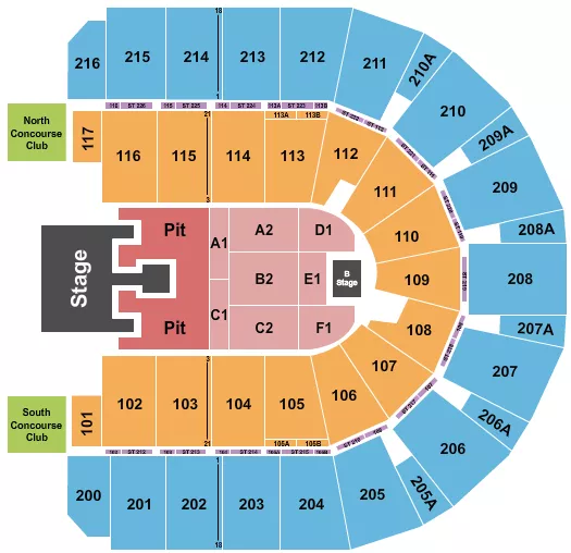 Bailey Zimmerman Seating Chart at Vibrant Arena at The MARK. The chart shows the main floor/stage with seating options surrounding it, which are color coded