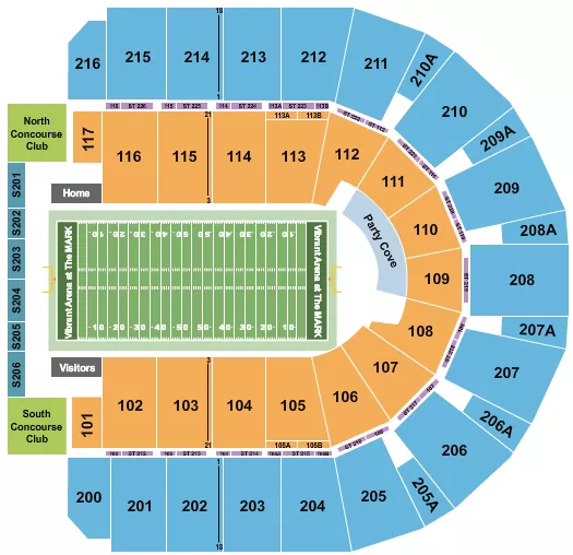 Football - Steamwheelers Seating Chart at Vibrant Arena at The MARK. The chart shows the main floor/stage with seating options surrounding it, which are color coded
