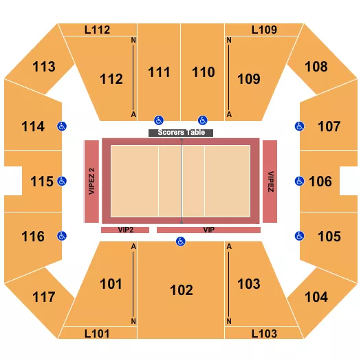 Volleyball Seating Chart at Victory Heights Arena and Sports Performance Center. The chart shows the main floor/stage with seating options surrounding it, which are color coded