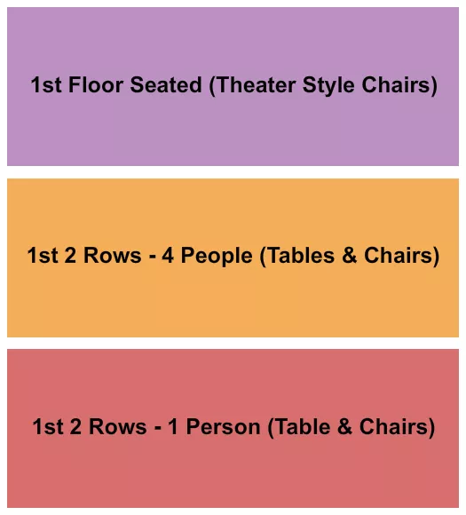 1st 2 Rows & 1st Floor Seated Seating Chart at Victory North. The chart shows the main floor/stage with seating options surrounding it, which are color coded