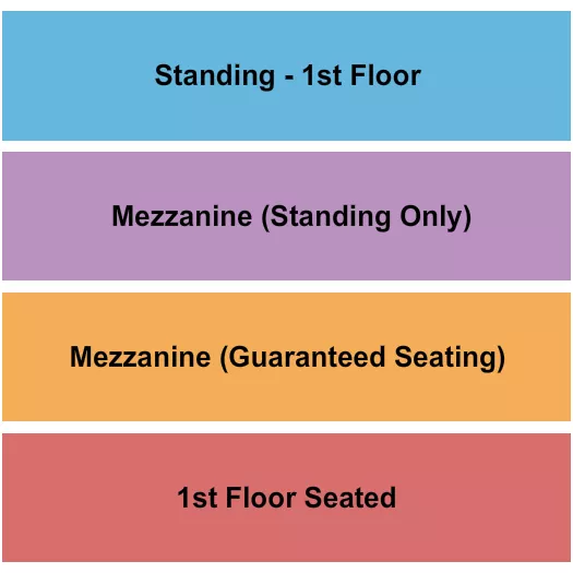 Floor/Mezz - Seated/Standing Seating Chart at Victory North. The chart shows the main floor/stage with seating options surrounding it, which are color coded