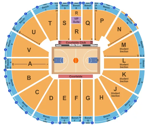 Basketball Seating Chart at Viejas Arena At Aztec Bowl. The chart shows the main floor/stage with seating options surrounding it, which are color coded