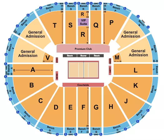 Volleyball 2 Seating Chart at Viejas Arena At Aztec Bowl. The chart shows the main floor/stage with seating options surrounding it, which are color coded