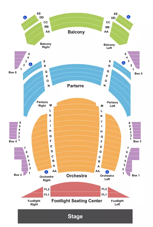 End Stage Seating Chart at Vilar Performing Arts Center. The chart shows the main floor/stage with seating options surrounding it, which are color coded