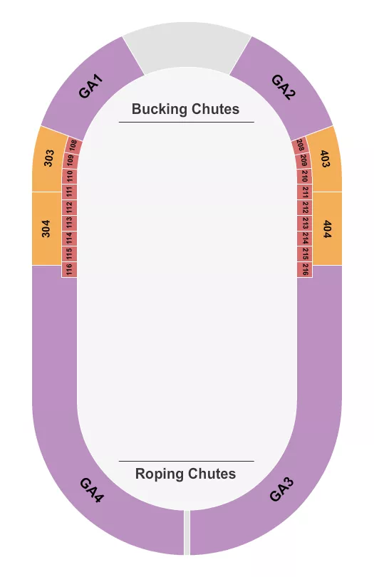 Rodeo Seating Chart at Virginia Horse Center. The chart shows the main floor/stage with seating options surrounding it, which are color coded