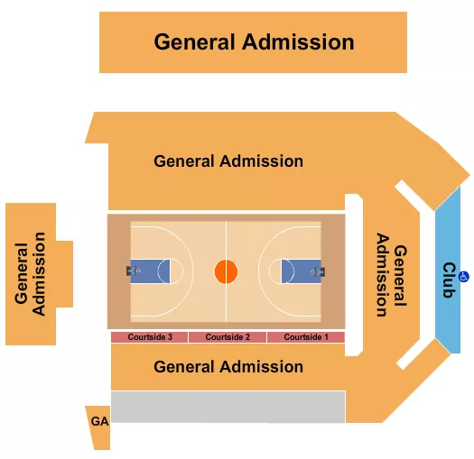 Basketball Seating Chart at Virginia State University - Multi-Purpose Center. The chart shows the main floor/stage with seating options surrounding it, which are color coded