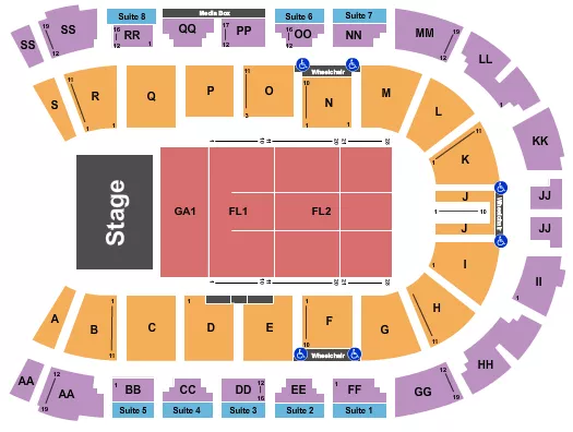Brad Paisley Seating Chart at VisitLethbridge.com Arena. The chart shows the main floor/stage with seating options surrounding it, which are color coded