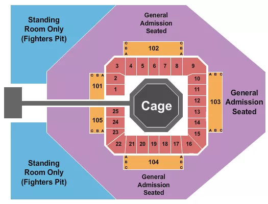 MMA Seating Chart at Von Braun Center South Hall. The chart shows the main floor/stage with seating options surrounding it, which are color coded