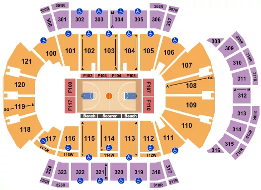 Basketball - College Seating Chart at VyStar Veterans Memorial Arena. The chart shows the main floor/stage with seating options surrounding it, which are color coded