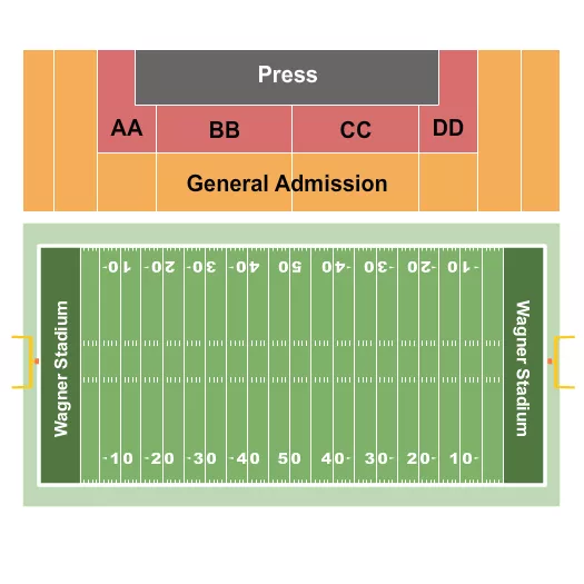 Football Seating Chart at Wagner Stadium. The chart shows the main floor/stage with seating options surrounding it, which are color coded