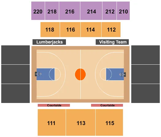 Basketball Seating Chart at Walkup Skydome. The chart shows the main floor/stage with seating options surrounding it, which are color coded