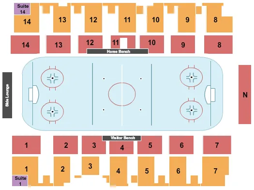 Hockey Seating Chart at Walter Brown Arena. The chart shows the main floor/stage with seating options surrounding it, which are color coded