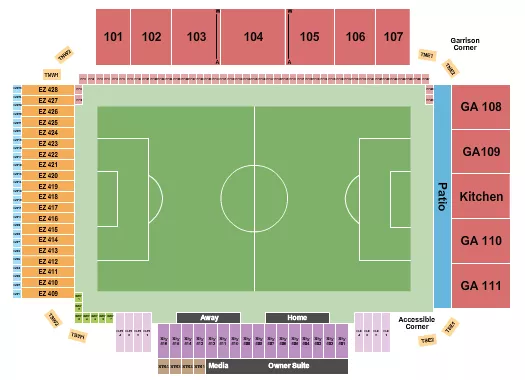Soccer 2 Seating Chart at Wanderer Grounds. The chart shows the main floor/stage with seating options surrounding it, which are color coded