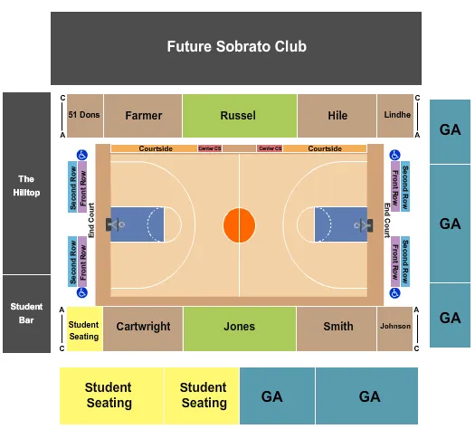 Basketball Seating Chart at War Memorial Gym. The chart shows the main floor/stage with seating options surrounding it, which are color coded