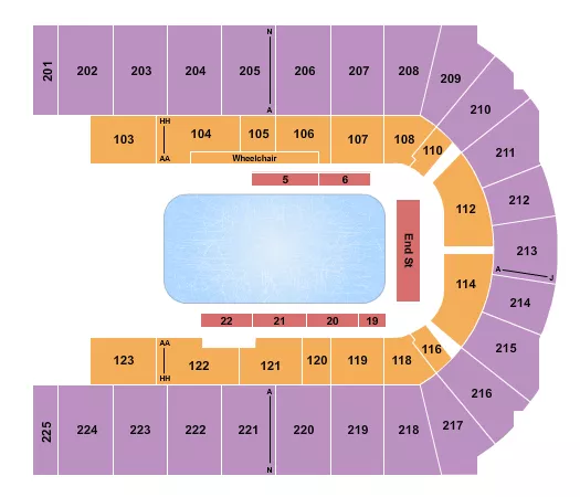 Disney On Ice 3 Seating Chart at Upstate Medical University Arena at Onondaga County War Memorial. The chart shows the main floor/stage with seating options surrounding it, which are color coded