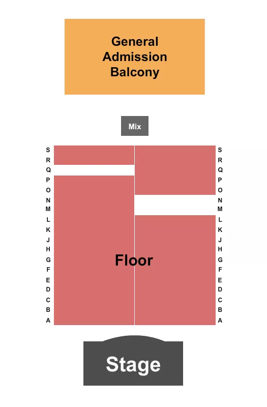 GA/Rsvd Seating Chart at Warsaw. The chart shows the main floor/stage with seating options surrounding it, which are color coded