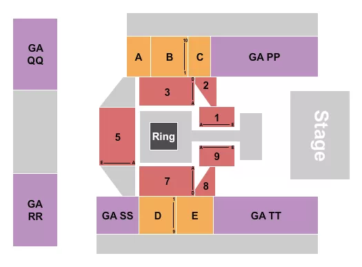 Boxing Seating Chart at Washington Avenue Armory. The chart shows the main floor/stage with seating options surrounding it, which are color coded