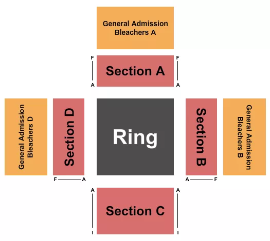 Midget Wrestling Seating Chart at Washington Avenue Armory. The chart shows the main floor/stage with seating options surrounding it, which are color coded