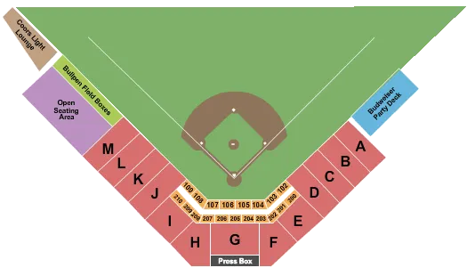 Baseball Seating Chart at Waterloo Riverfront Stadium. The chart shows the main floor/stage with seating options surrounding it, which are color coded