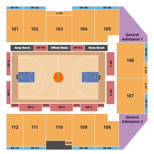 Basketball Seating Chart at Wayne State Arena. The chart shows the main floor/stage with seating options surrounding it, which are color coded