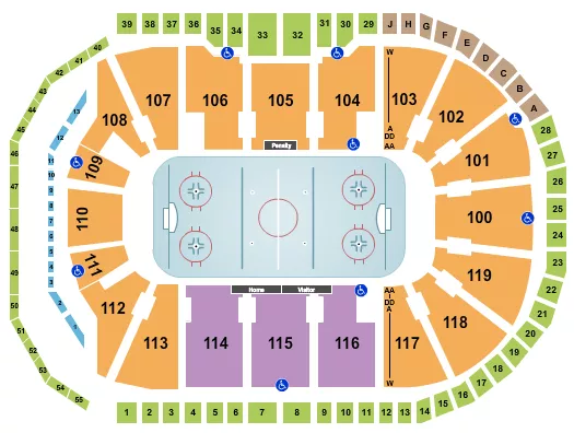 Hockey 2 Seating Chart at Total Mortgage Arena. The chart shows the main floor/stage with seating options surrounding it, which are color coded
