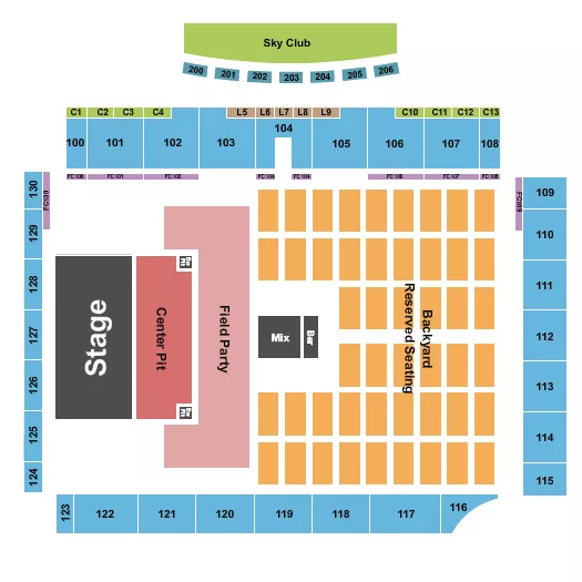 Center Pit/Backyard Rsvd Seating Chart at Weidner Field. The chart shows the main floor/stage with seating options surrounding it, which are color coded