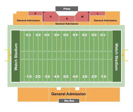 Football Seating Chart at Welch Stadium. The chart shows the main floor/stage with seating options surrounding it, which are color coded