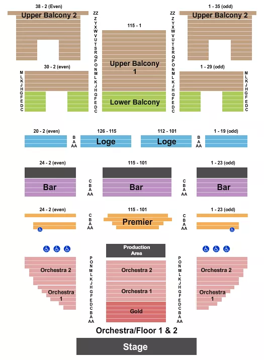 seating chart for Wellmont Theatre - Endstage Gold Flr - Orch 1$2 - Prem Bar - eventticketscenter.com