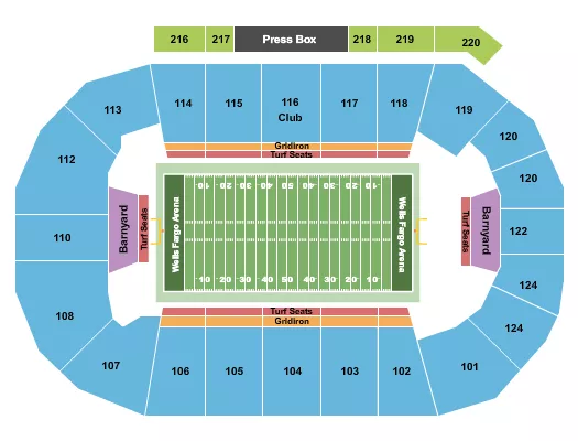 Football 2 Seating Chart at Wells Fargo Arena - IA. The chart shows the main floor/stage with seating options surrounding it, which are color coded