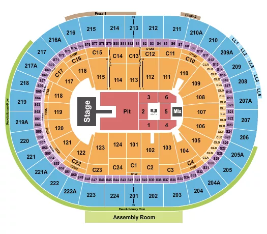 Alex Warren Seating Chart at Xfinity Mobile Arena. The chart shows the main floor/stage with seating options surrounding it, which are color coded
