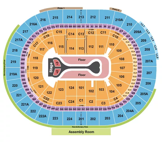 Benson Boone Seating Chart at Wells Fargo Center. The chart shows the main floor/stage with seating options surrounding it, which are color coded