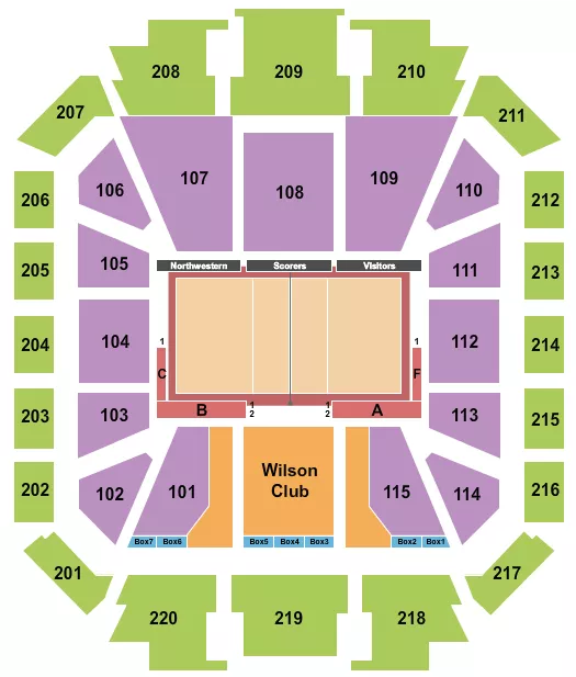 Volleyball Seating Chart at Welsh Ryan Arena. The chart shows the main floor/stage with seating options surrounding it, which are color coded