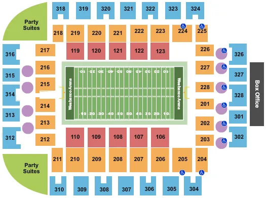Football Seating Chart at Wesbanco Arena. The chart shows the main floor/stage with seating options surrounding it, which are color coded