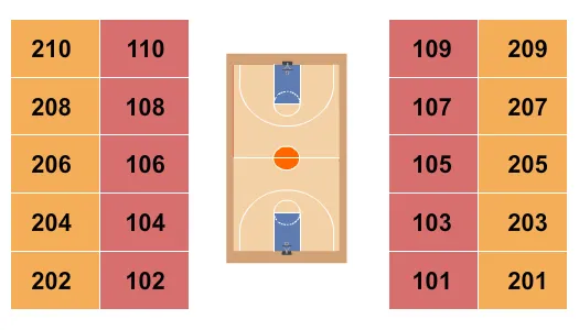 Harlem Globetrotters Seating Chart at West Plains Civic Center. The chart shows the main floor/stage with seating options surrounding it, which are color coded