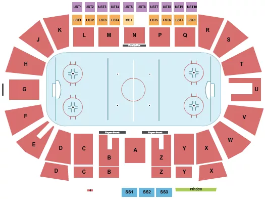 Hockey Seating Chart at Western Financial Place. The chart shows the main floor/stage with seating options surrounding it, which are color coded