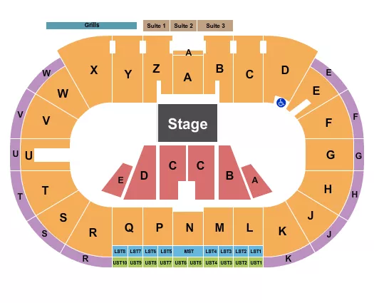 Theatre Setup Seating Chart at Western Financial Place. The chart shows the main floor/stage with seating options surrounding it, which are color coded