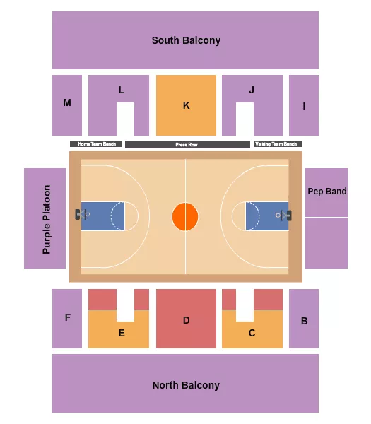 Basketball Seating Chart at Western Hall. The chart shows the main floor/stage with seating options surrounding it, which are color coded