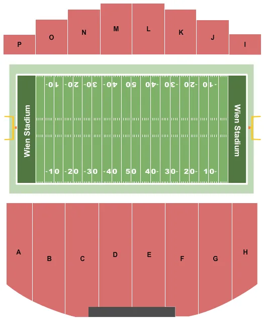 Football Seating Chart at Wien Stadium. The chart shows the main floor/stage with seating options surrounding it, which are color coded