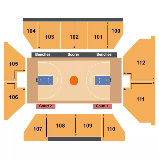 Basketball Seating Chart at William H. Pitt Health And Recreation Center. The chart shows the main floor/stage with seating options surrounding it, which are color coded