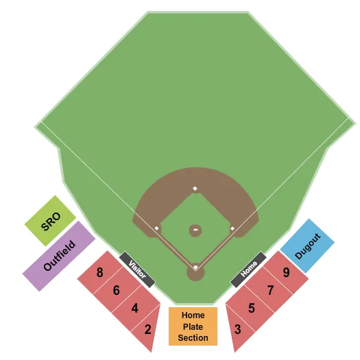 Baseball Seating Chart at William Peccole Park. The chart shows the main floor/stage with seating options surrounding it, which are color coded