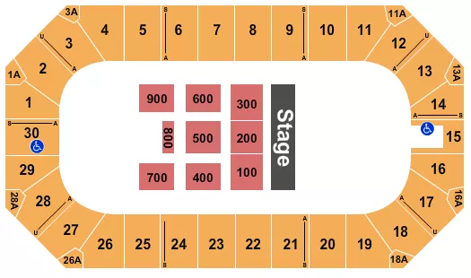 Endstage 5 Seating Chart at Wings Event Center. The chart shows the main floor/stage with seating options surrounding it, which are color coded