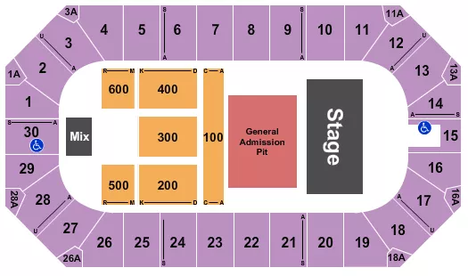 Endstage GA Pit Seating Chart at Wings Event Center. The chart shows the main floor/stage with seating options surrounding it, which are color coded