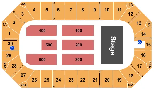 End Stage Seating Chart at Wings Event Center. The chart shows the main floor/stage with seating options surrounding it, which are color coded