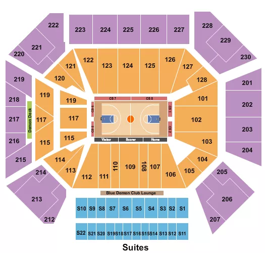 Basketball 2 Seating Chart at Wintrust Arena. The chart shows the main floor/stage with seating options surrounding it, which are color coded