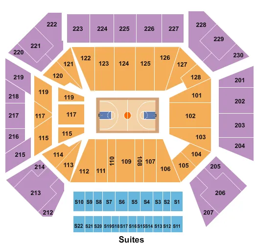 Basketball Seating Chart at Wintrust Arena. The chart shows the main floor/stage with seating options surrounding it, which are color coded